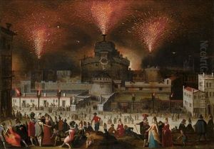 Rome, A View Of The Castel Sant'angelo During The Girandole With Elegant Figures Watching And Promenading In The Foreground by Louis de Caullery