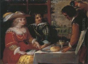 An Elegant Couple Dining And A Servant Pouring Wine, A Park Beyond by Louis de Caullery
