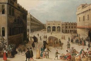 The Piazza Della Signoria, Florence, With A Carriage, Numerous Elegant Figures And Townsfolk Selling Their Wares