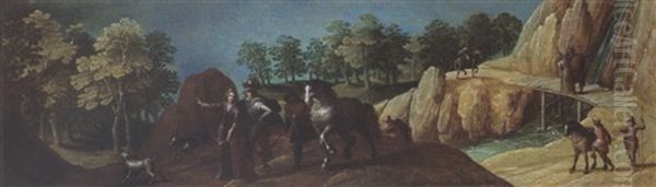 An Elegant Hunting Party In A Wooded River Landscape, Other Figures And Horses In The Background Near A Waterfall - view 1