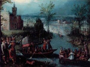 A River Landscape With Elegant Figures Boating A River Landscape With Elegant Figures Boating