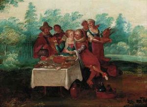 An Elegant Couple Attended By Musicians And Servants In A Park