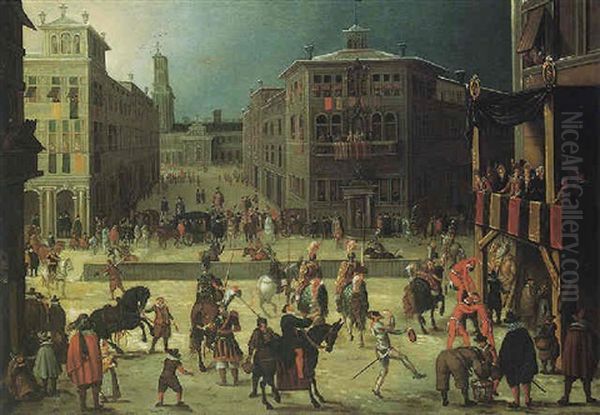A Scene In A Town With A Tournament, Jousters And Acrobats Performing Before An Audience - view 1