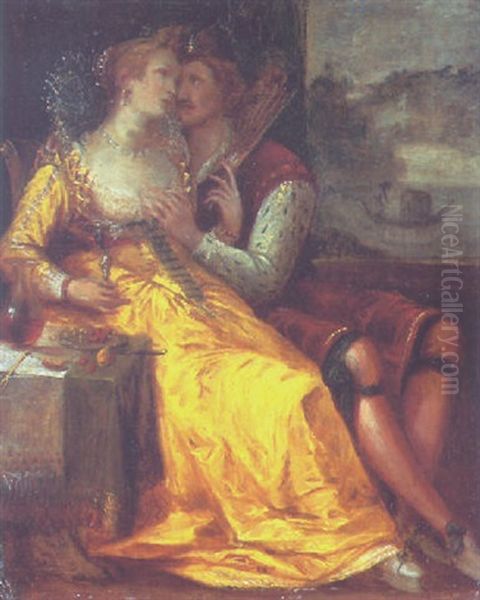 An Amourous Couple In An Interior With A View Of A Gondola In A River Landscape - view 1