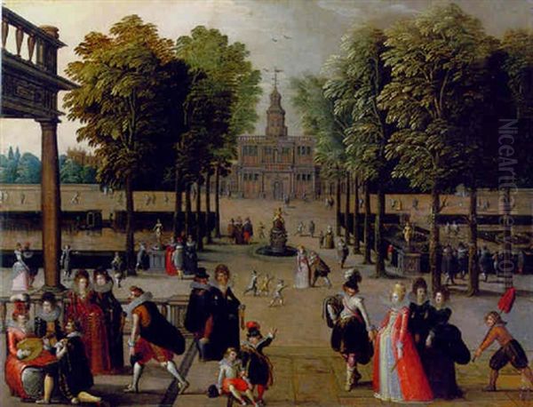An Elegant Company In A Park With A Boating Lake And Formal Garden, A Palace Beyond - view 1