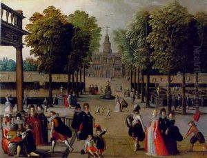 An Elegant Company In A Park With A Boating Lake And Formal Garden, A Palace Beyond by Louis de Caullery