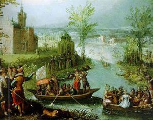 A River Landscape With Elegant Figures Boating And A Palace With An Extensive Garden Beyond