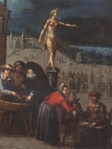 Townsfolk At A Market By A Statue Of The Goddess Diana, A Quay Beyond by Louis de Caullery