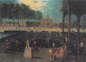 Couples Dancing In A Palace Courtyard by Louis de Caullery