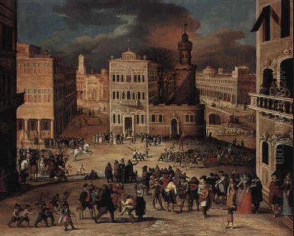 An Architectural Fantasy With Figures Merrymaking In A Town Square - view 1