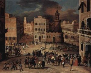 An Architectural Fantasy With Figures Merrymaking In A Town Square