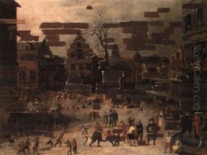 A Town Square In Winter With Elegant Figures Observing A Procession by Louis de Caullery