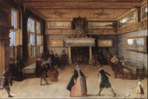Interior Scene With Elegant Company Dancing And Playing Music by Louis de Caullery