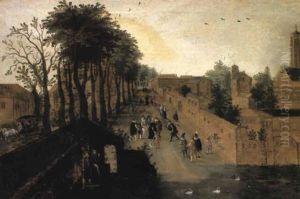 View Of Monastery With Elegant People Meeting Outside by Louis de Caullery