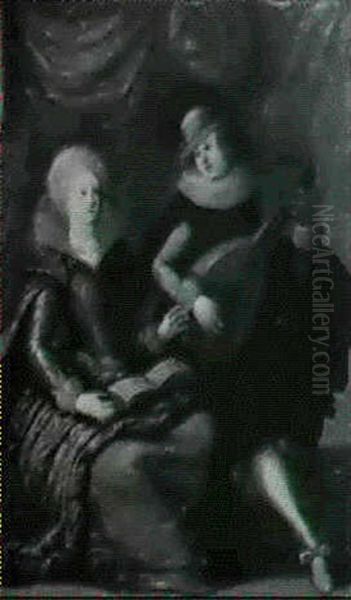 Jeune Femme Et Jeune Garcon Jouant Du Luth - view 1