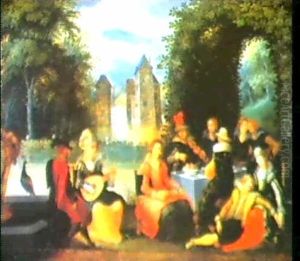 Musizierende Gesellschaft Vor Einer Laube In Einer          Parklandschaft .....