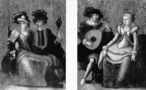 Allegories Of Sight And Sound: A Seated Couple & A Seated Couple, The Gentleman Playing A Mandolin by Louis de Caullery