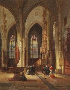 Church Interior With Decorative Figures by Emile Pierre Joseph de Cauwer