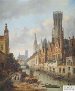 Partie Aus Der Altstadt Von Brugge. Der Grune Kai Mit Dem Freiamtshaus Und Dem Belfried Im Hintergrund