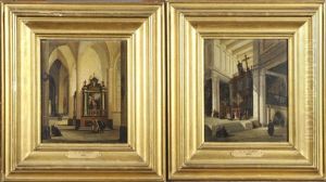 Interieur D'eglise (2 Works) by Emile Pierre Joseph de Cauwer