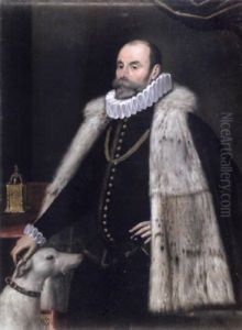 Portrait Of A Gentleman In A Black And Gold Doublet With A White Ruff, A Fur-lined Cloak And His Hand Resting On The Head Of A Dog by Giovanni Paolo Cavagna