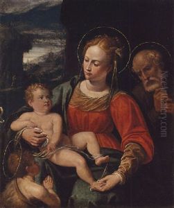 The Holy Family With Saint John The Baptist, A Landscape With The Flight Into Egypt Beyond by Giovanni Paolo Cavagna