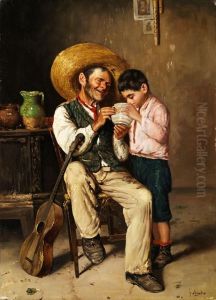 Suditalienischer Gitarrist Mit Knabe, Der Aus Einer Tasse Trinkt by Giulio Amodio