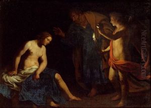 Petrus Bringt Der Hl. Agatha Im Kerker Balsam by Bernardo Cavallino