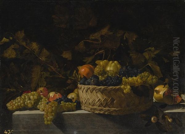 Basket Of Fruit On A Stone Ledge - view 1