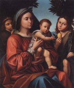 The Madonna And Child With Saint John The Baptist And An Angel by Paolo Moranda Cavazzola
