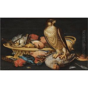 A Still Life With A Live Hawk Perched On A Dead Partridge, A Kingfisher, Finches And Other Dead Game In A Woven Basket
