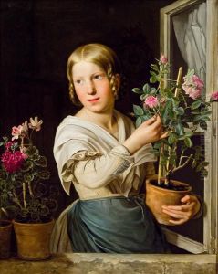 Junges Madchen Am Fenster Mit Blumenstocken