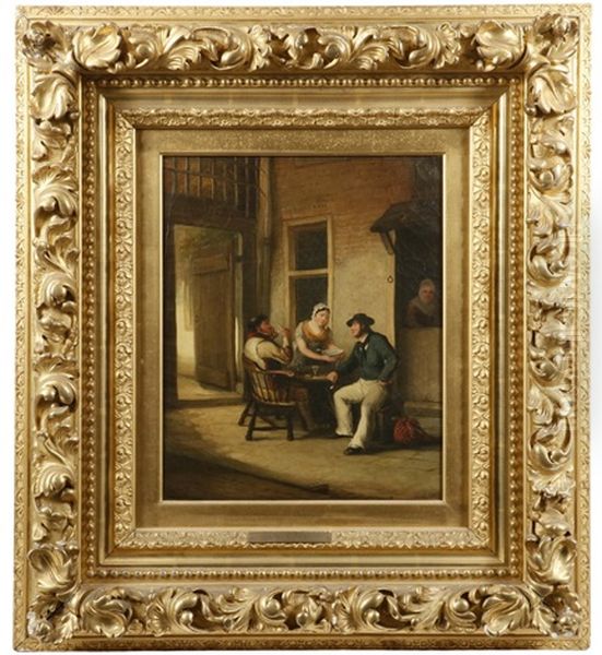 Streetside Tavern Scene With Girl Serving Two Men - view 1
