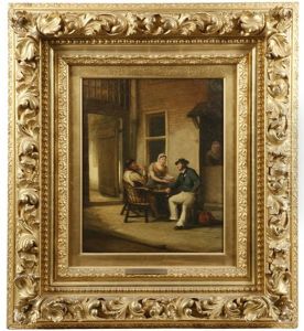 Streetside Tavern Scene With Girl Serving Two Men Streetside Tavern Scene With Girl Serving Two Men