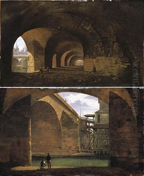 Paris, A View Of The Vaults Of The Quai De Gesvres Near The Pont Au Change (+ A View Of The Pont Notre-dame From The Vaults Of The Quai De Gesvres; Pair) - view 1