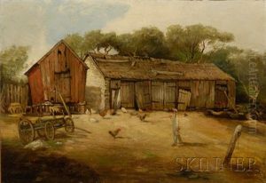 View Of A Farmer Tending Chickens View Of A Farmer Tending Chickens