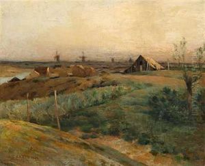 Landskab Med Huse Og Vindmoller Ved En Flod Landskab Med Huse Og Vindmoller Ved En Flod