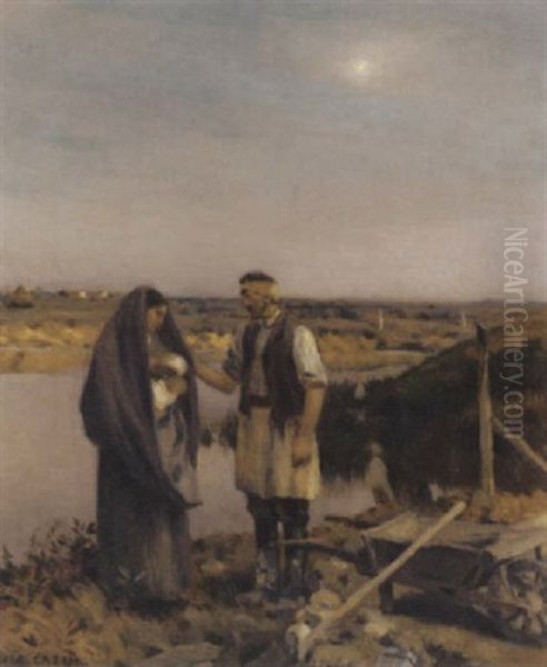 A Man And A Young Woman Holding A Baby In A River Landscape - view 1