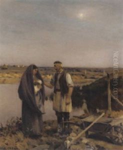 A Man And A Young Woman Holding A Baby In A River Landscape by Jean-Charles Cazin