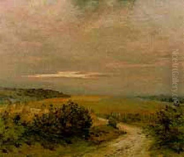 Haystacks Beside A Track, Sunset - view 1