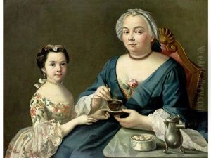 Portrait Of A Lady And Her Daughter Drinking Hot Chocolate by Sebastiano Ceccarini