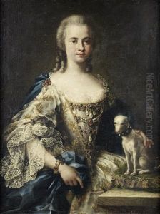 Portrait Of A Lady, Half-length, In An White Embroidered Dress And A Blue Sash, Standing Beside Her Dog
