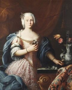 Portrat Einer Adeligen In Einem Rosa Kleid Mit Blauem Umhang Neben Einem Tisch Mit Silberner Wappenverzierter Blumenvase