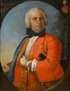 Portrait Of A Gentleman In A Red Coat, A Tricorn Hat Under His Arm (+ Portrait Of A Lady In A Red And Silver Dress With A Black Lace Headdress; Pair) by Sebastiano Ceccarini