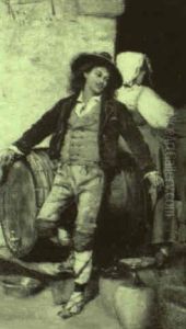 Young Couple Near A Large Cask by Adriano Cecchi