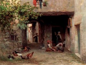 Family At Work With Chickens In The Courtyard by Lorenzo Cecconi
