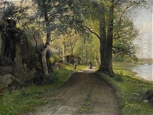 Varlandskap Med Blomsterplockande Flicka Och Hennes Mor by Karl Cederberg