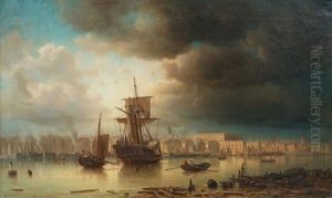 Boats In Stockholm By The Royal Castle by Pehr Wilhelm Cedergren