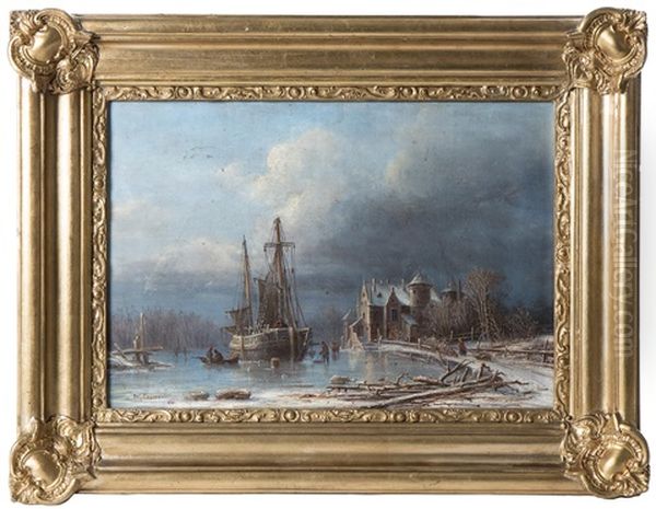 Segelfartyg I Vintrigt Landskap Med Renassansborg Och Figurer - view 1