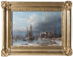 Segelfartyg I Vintrigt Landskap Med Renassansborg Och Figurer by Pehr Wilhelm Cedergren